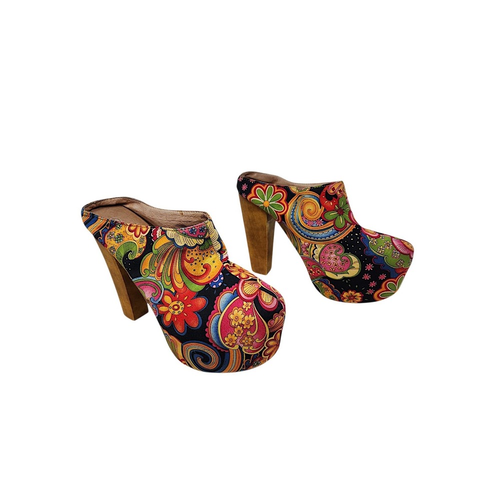 Paisley Platform Clogs 39 8.5 Wom Red Black Psychedelic Floral Retro 70s Chunky